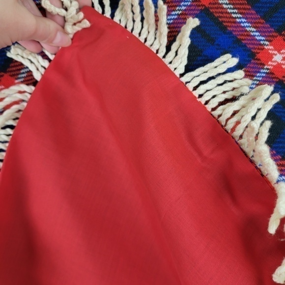 Vintage plaid poncho jacket cape fringe tassels lined warm winter zip-up - Picture 11 of 12